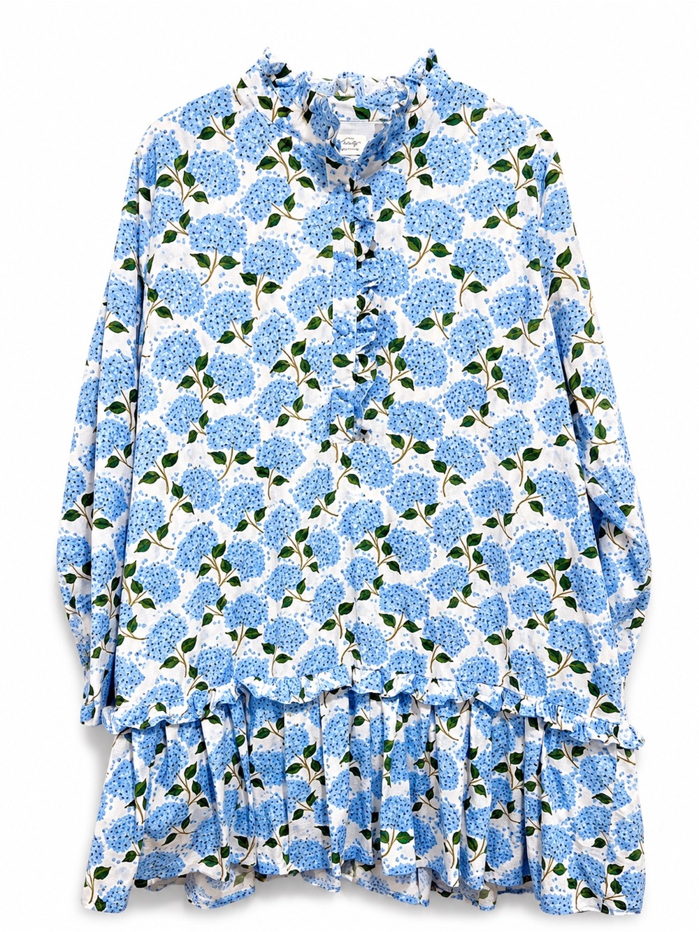 Blue Hydrangea Ruffle Mini Dress in Light Blue EUC